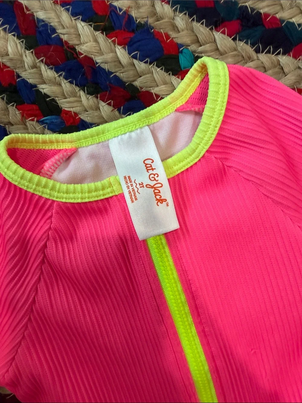 Kids Long-Sleeve Rash Guard Swimsuit - Hot Pink with Neon Yellow Zip -2T